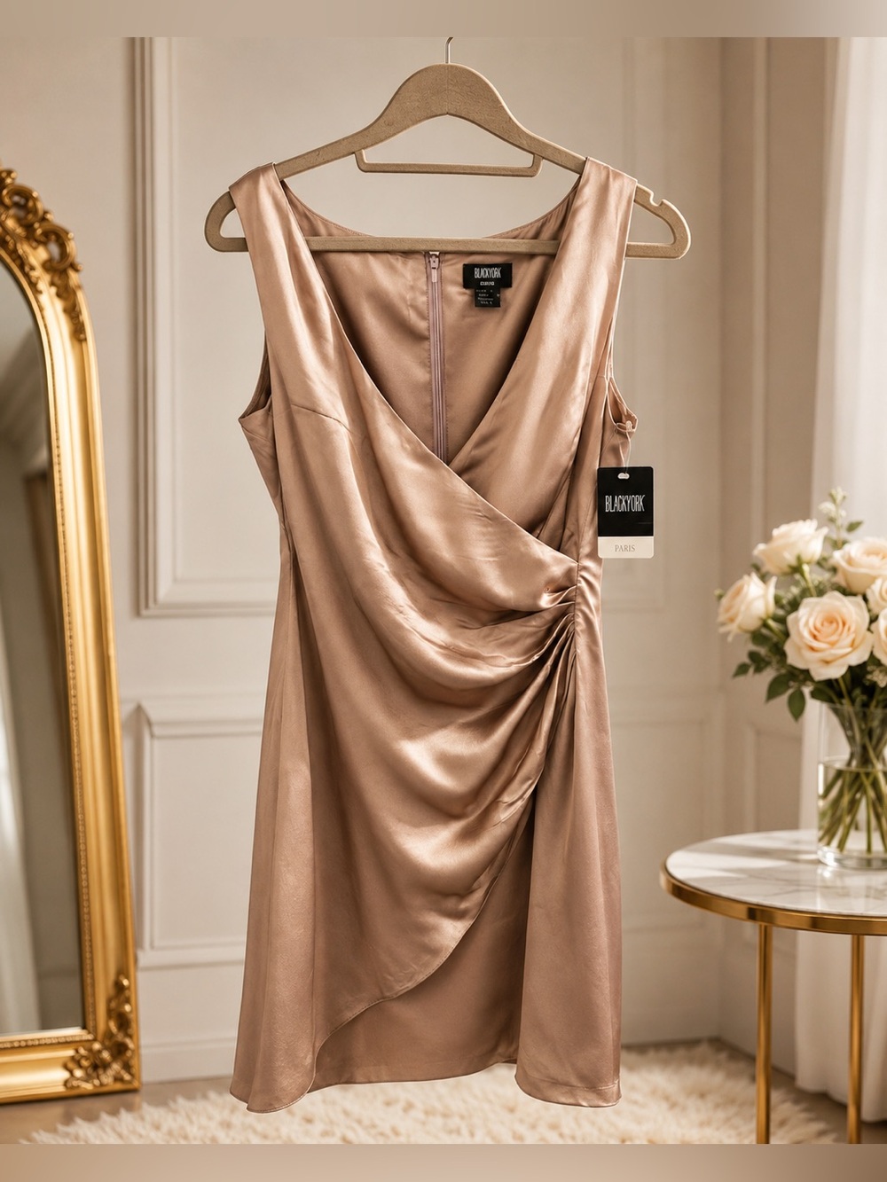 NWT Old Stock Bill Blass 100% Silk Draped Dress • Size 8 • Rose Champagne